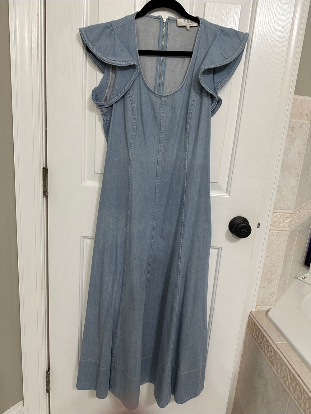 Sea Sleeveless Light Blue Denim Maxi Dress with Ruffle Shoulders